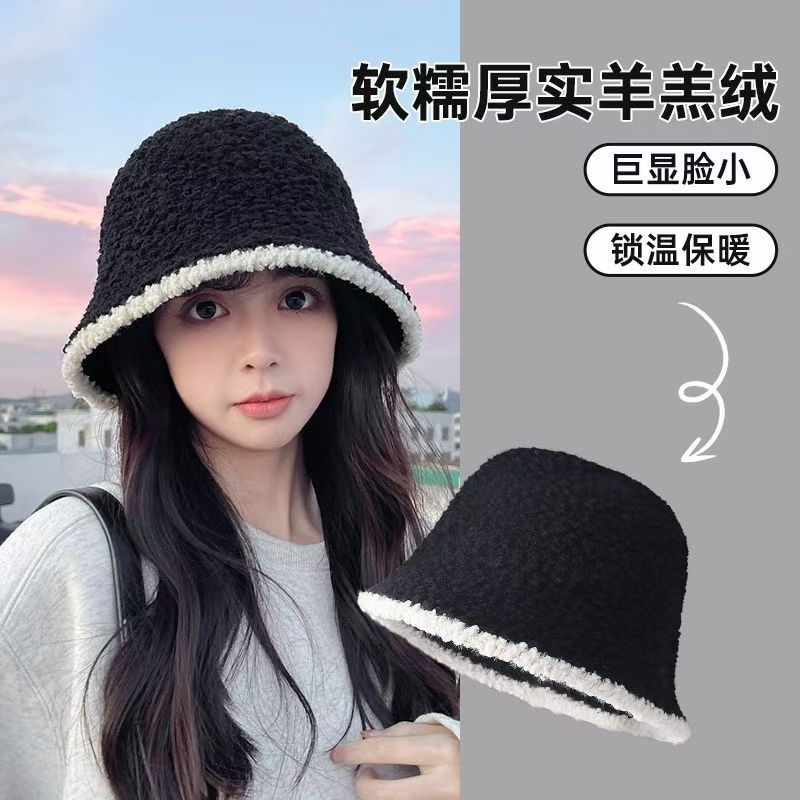小香风秋冬季大头围显渔夫帽保暖水桶针织帽子遮脸毛绒盆帽显脸小
