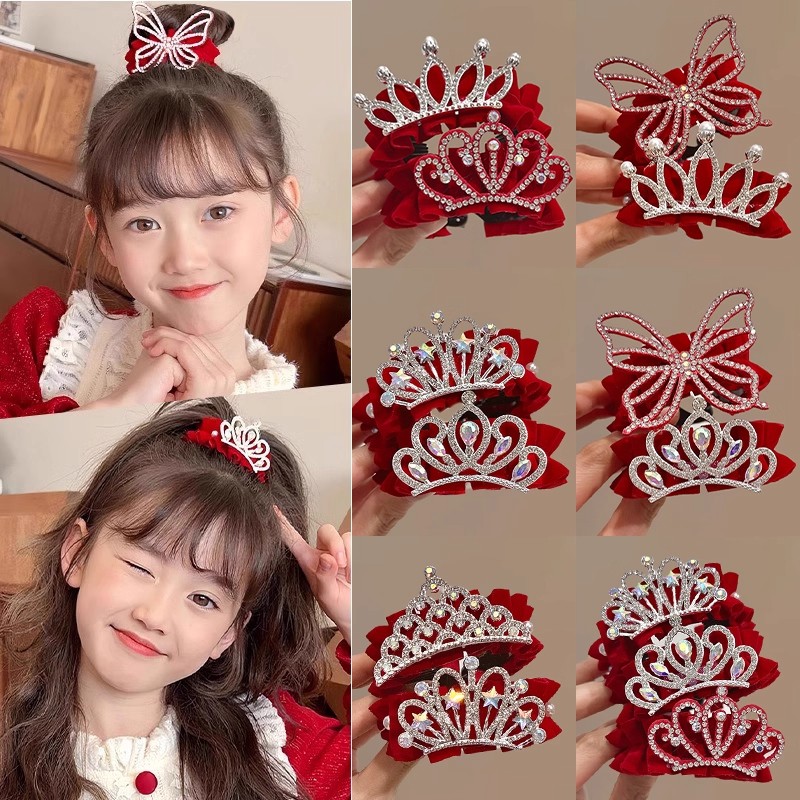 儿童丸子头神器新年红色皇冠头饰女童公主头盘发发扣发夹过年发饰