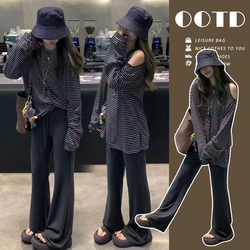 早秋孕妇高质量潮流时尚套装撞色条纹上衣打底微喇叭裤两件套秋装