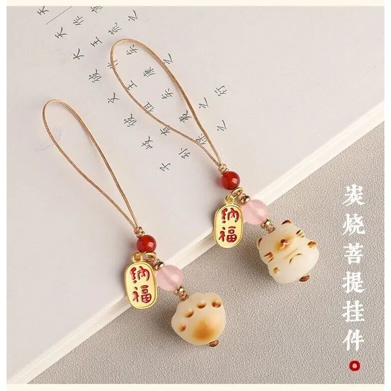 天然白菩提根炭烧招财猫咪手机挂绳小清新可爱猫爪汽车钥匙扣挂件