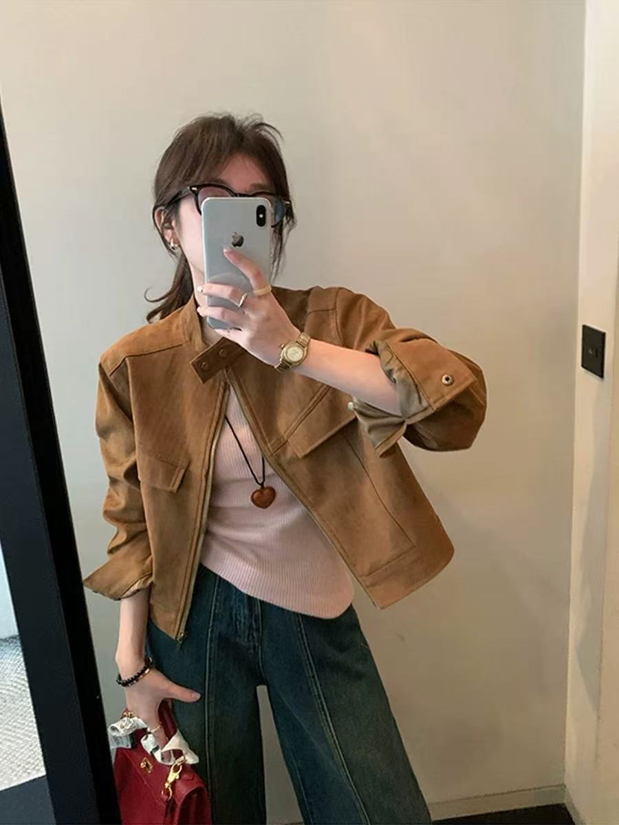 咖色美拉德短款女2025春秋高级感百搭小个子短款绒皮外套韩版