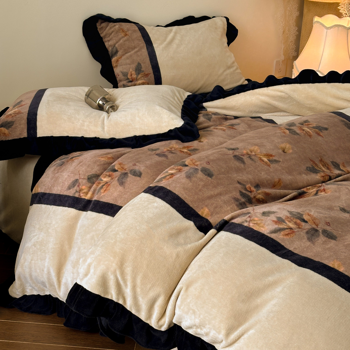 水星高端家纺法式复古高级感印花冬季牛奶绒四件套加绒保暖被套加