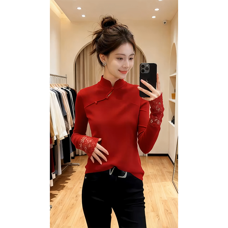 新中式盘扣斜襟针织衫女秋冬通勤显气质内搭打底毛衣纯色国风上衣