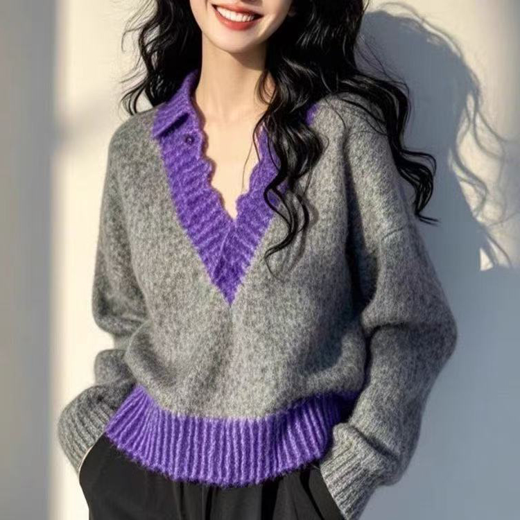 韩系穿搭撞色毛衣女2025秋冬加厚慵懒风设计感v领潮流个性针织衫