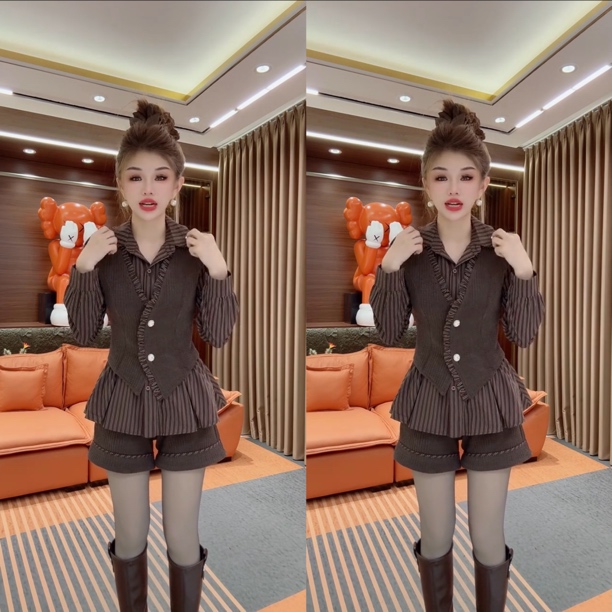 秋季新款网红爆款时尚假两件拼接衬衫马甲宽松显瘦气质两件套