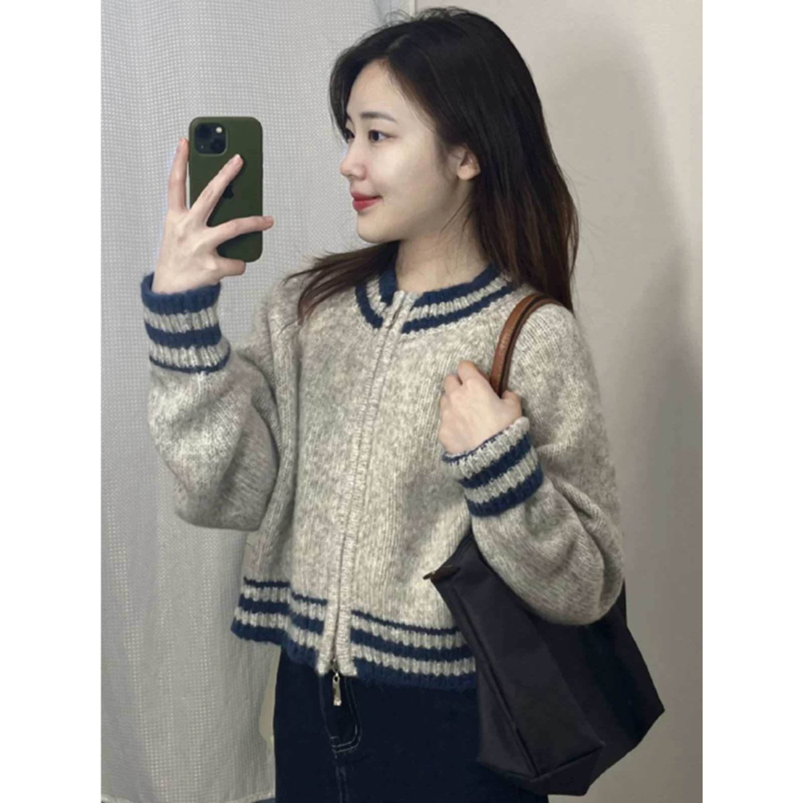2024秋冬新款拉链开衫短款圆领宽松上衣条纹洋气羊毛针织外套女