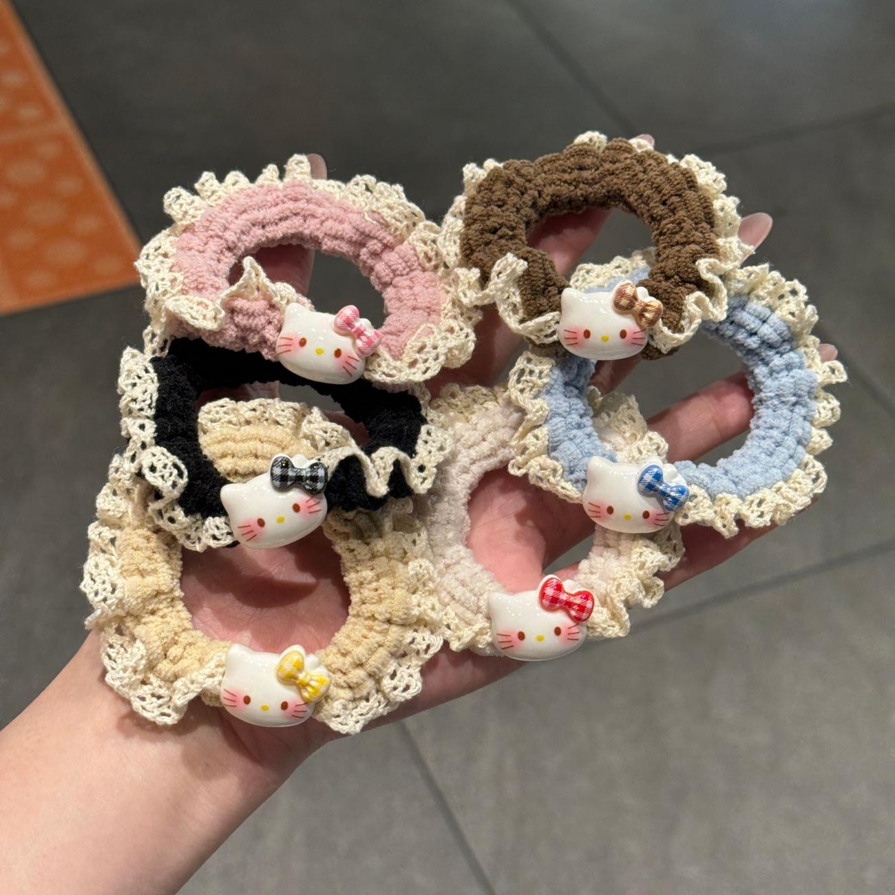 甜美蕾丝花边KT猫发圈少女卡通百搭马尾小肠圈高颜值森系ins发绳