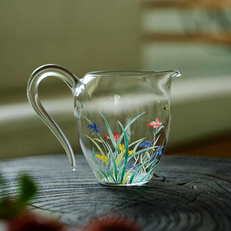 赞朴漫花幻彩系列高颜值玻璃公道杯原创小清新分茶器功夫带把茶海