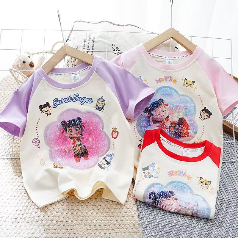 2025年新款夏季爆款炸街百搭洋气哪吒亮片翻转变脸短袖T恤女童