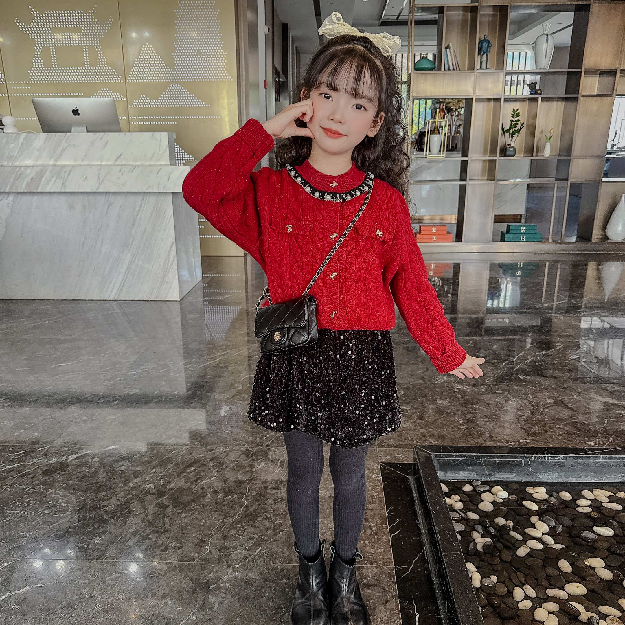 2025女童精致麻花毛衣两片群2件套 女宝宝加厚年款喜庆毛衣2件套