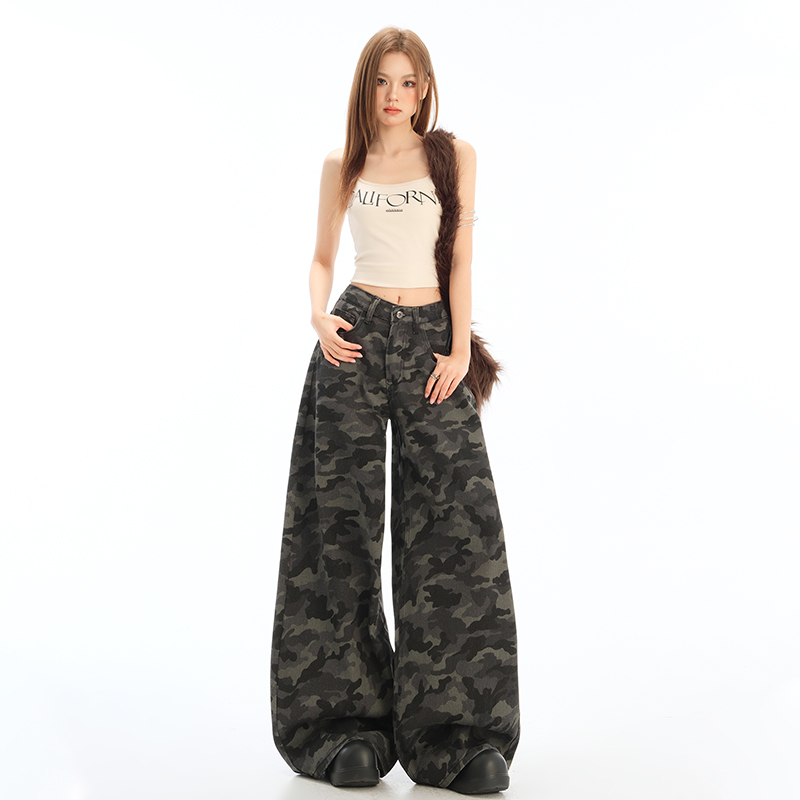 美式高街工装阔腿牛仔迷彩裤女小个子2025新款高腰显瘦宽松直筒裤