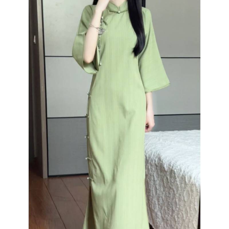 绿色改良旗袍夏季新款2025古法倒大袖少女日常可穿年轻款复古民国