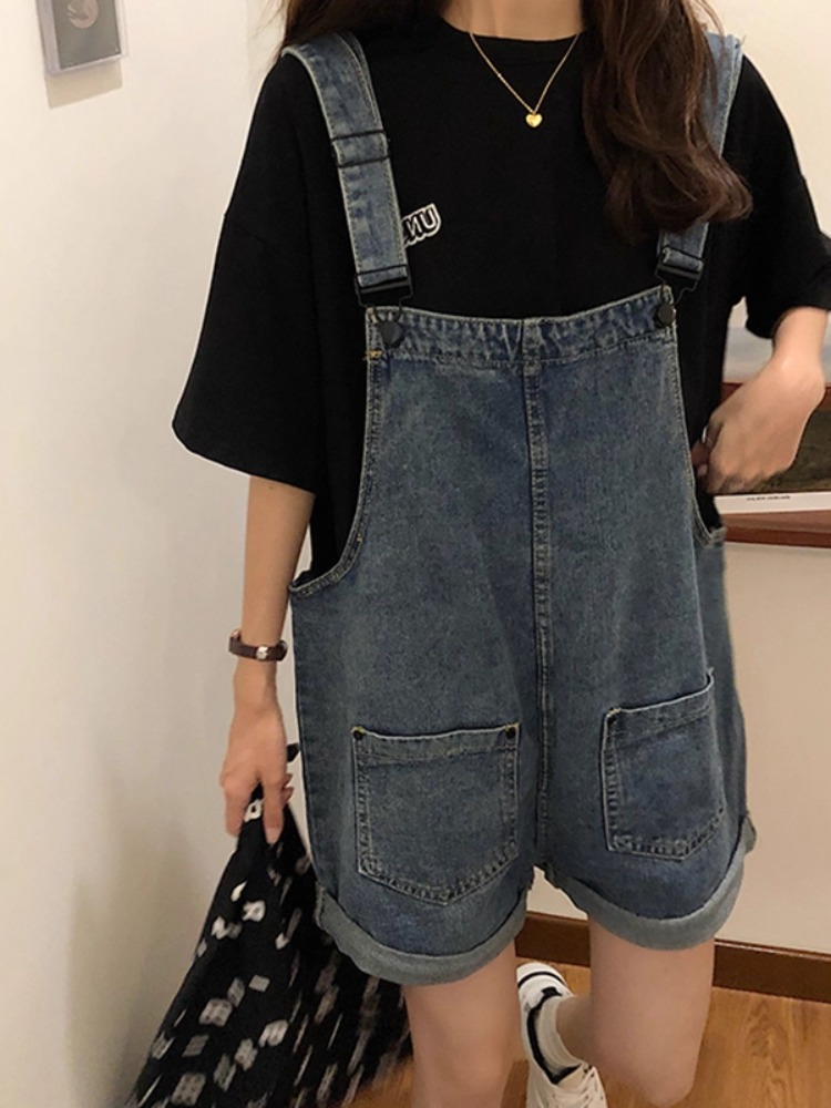 盐系牛仔背带裤女胖妹妹大码韩版宽松遮胯显瘦小个子穿搭休闲短裤