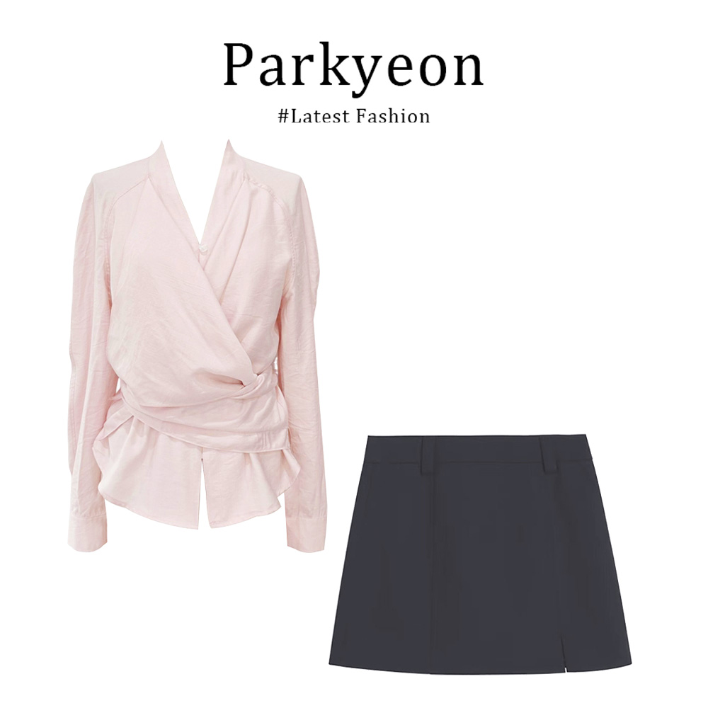 parkyeon法式轻奢气质绑带长袖衬衫时尚百搭半身裙两件套