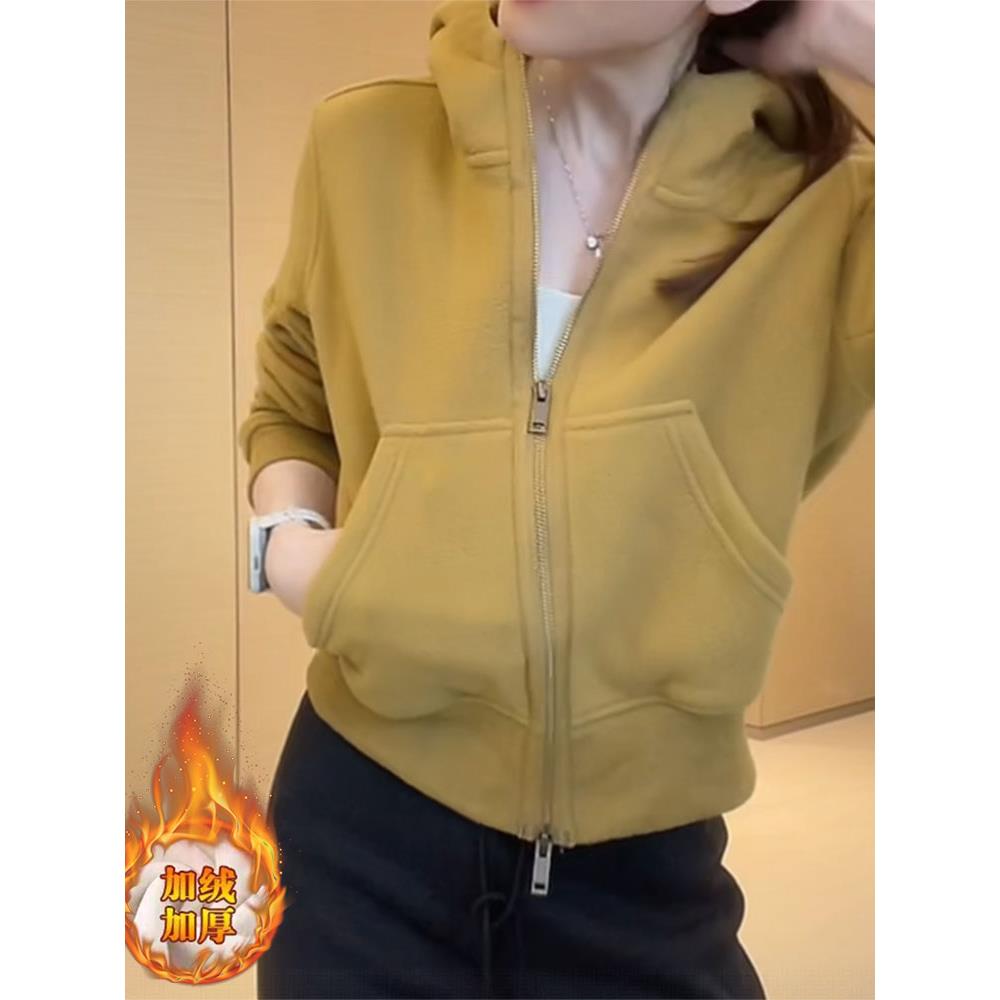 韩版连帽加绒加厚保暖卫衣女冬季2025年新款双面绒拉炼摇粒绒外套