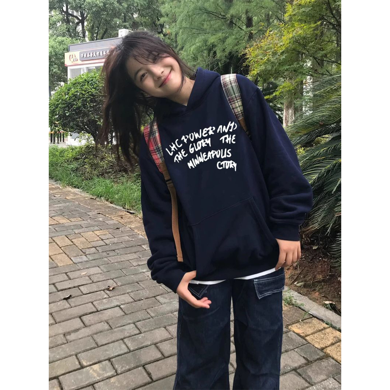 【ZHAP】重磅早秋无帽绳连帽卫衣女藏青色连帽衫百搭韩版休闲风加绒