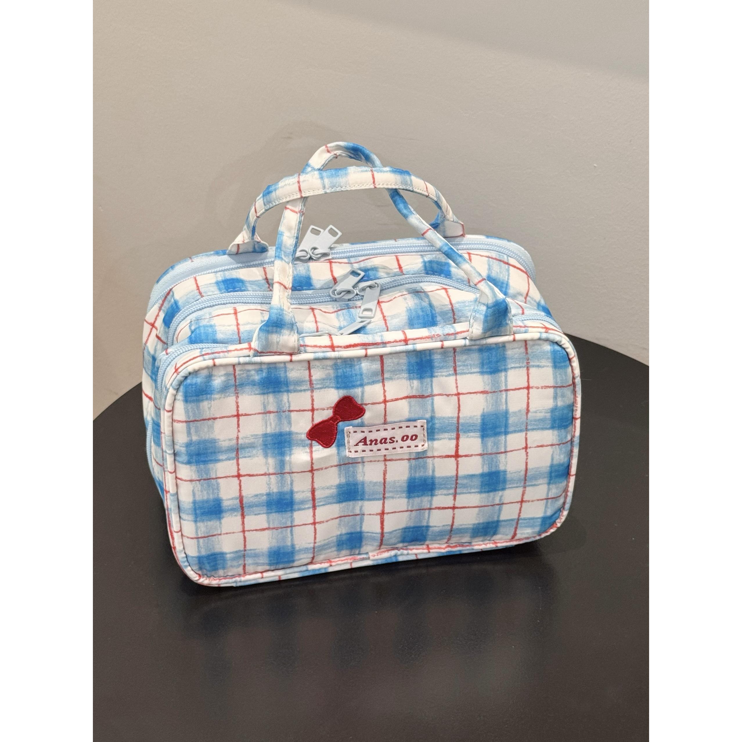 三层便携式手提化妆包格纹牛仔大容量旅行化妆包收纳