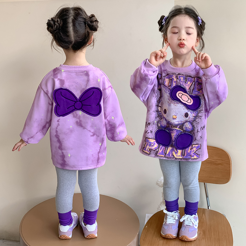 女童扎染卫衣套装洋气小女孩春秋款时髦女宝宝拼色打底裤