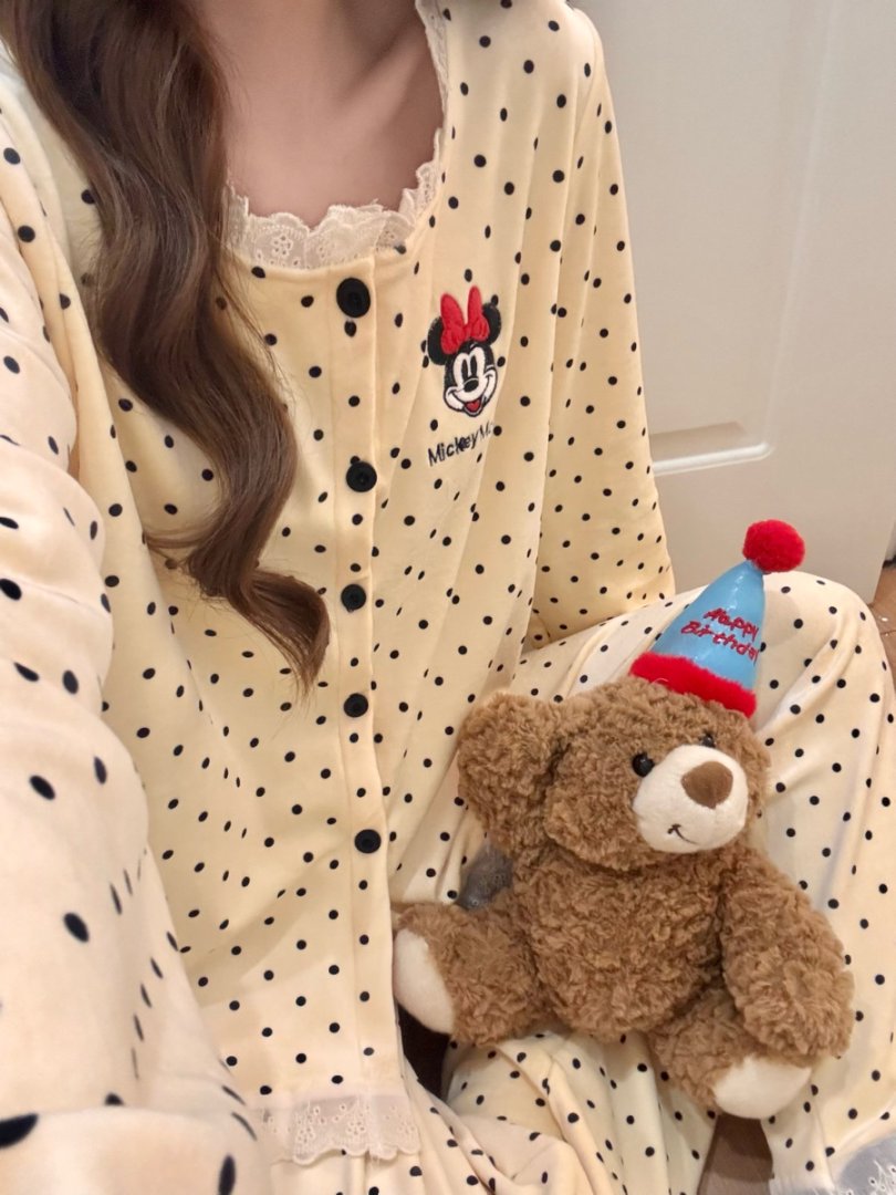 海岛绒睡衣女新款冬季加厚加绒波点开衫亲肤保暖长袖家居服套装