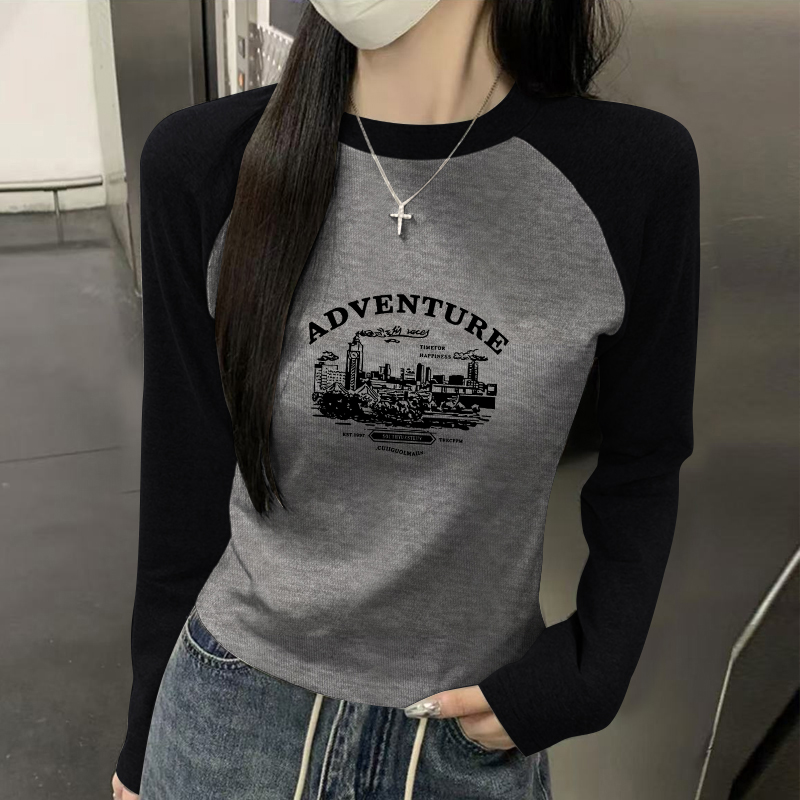 秋冬季拼色修身款德绒插肩长袖韩系显瘦保暖T恤时尚打底印花圆领