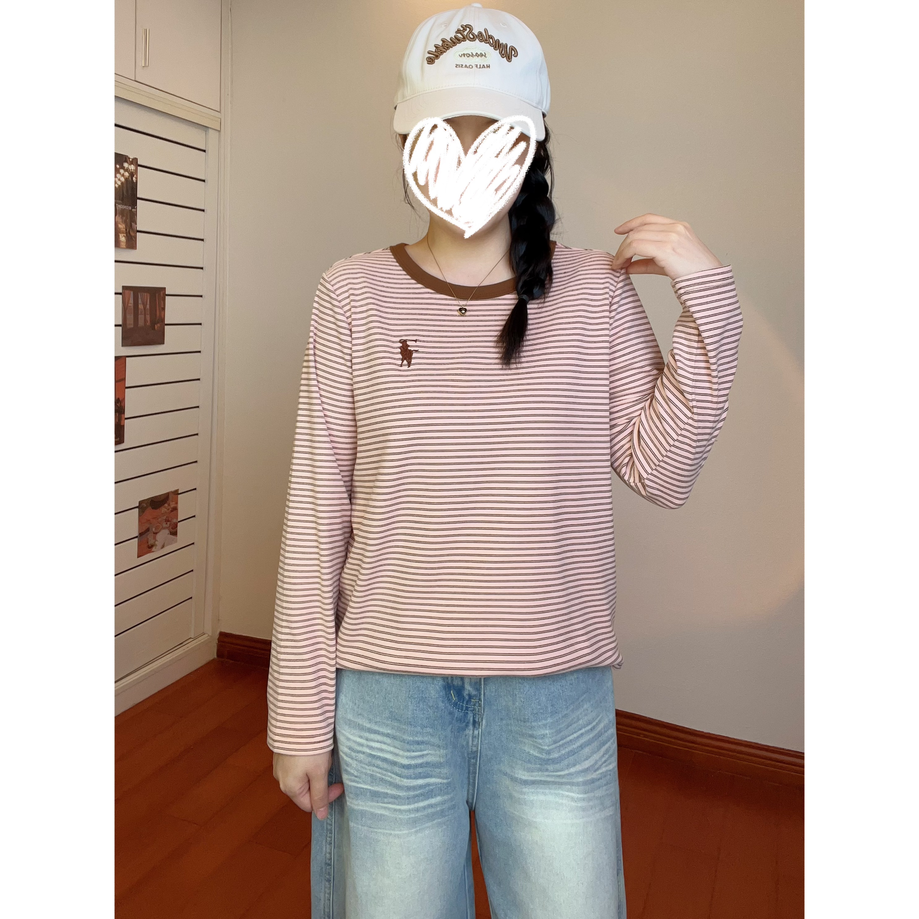 超软糯刺绣条纹双面绒上新双面磨毛超柔条纹正肩长袖撞色保暖穿搭