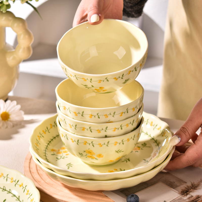 2025新款陶瓷米饭碗特别好看的碗盘组合家用高级感釉下彩餐具套装