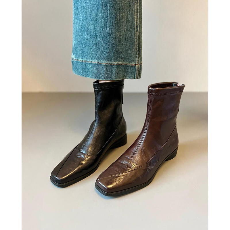 羊皮版~方头短靴2025冬季新款通勤气质高智百搭舒适平底瘦瘦靴女