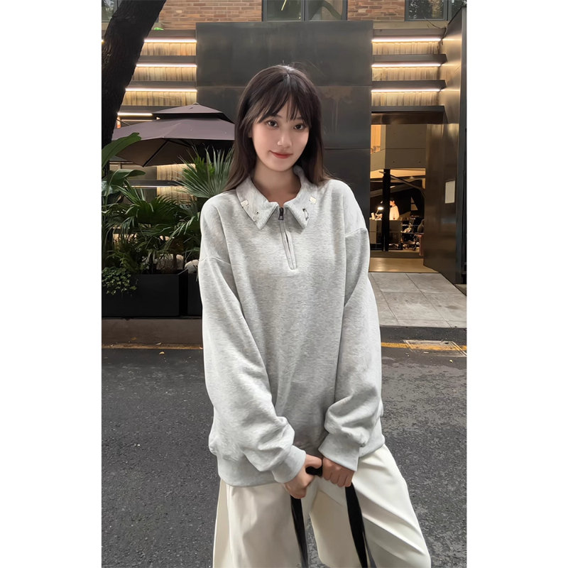 美式半拉链翻领设计长袖男款秋季金属装饰痞帅卫衣高街vibe风上衣