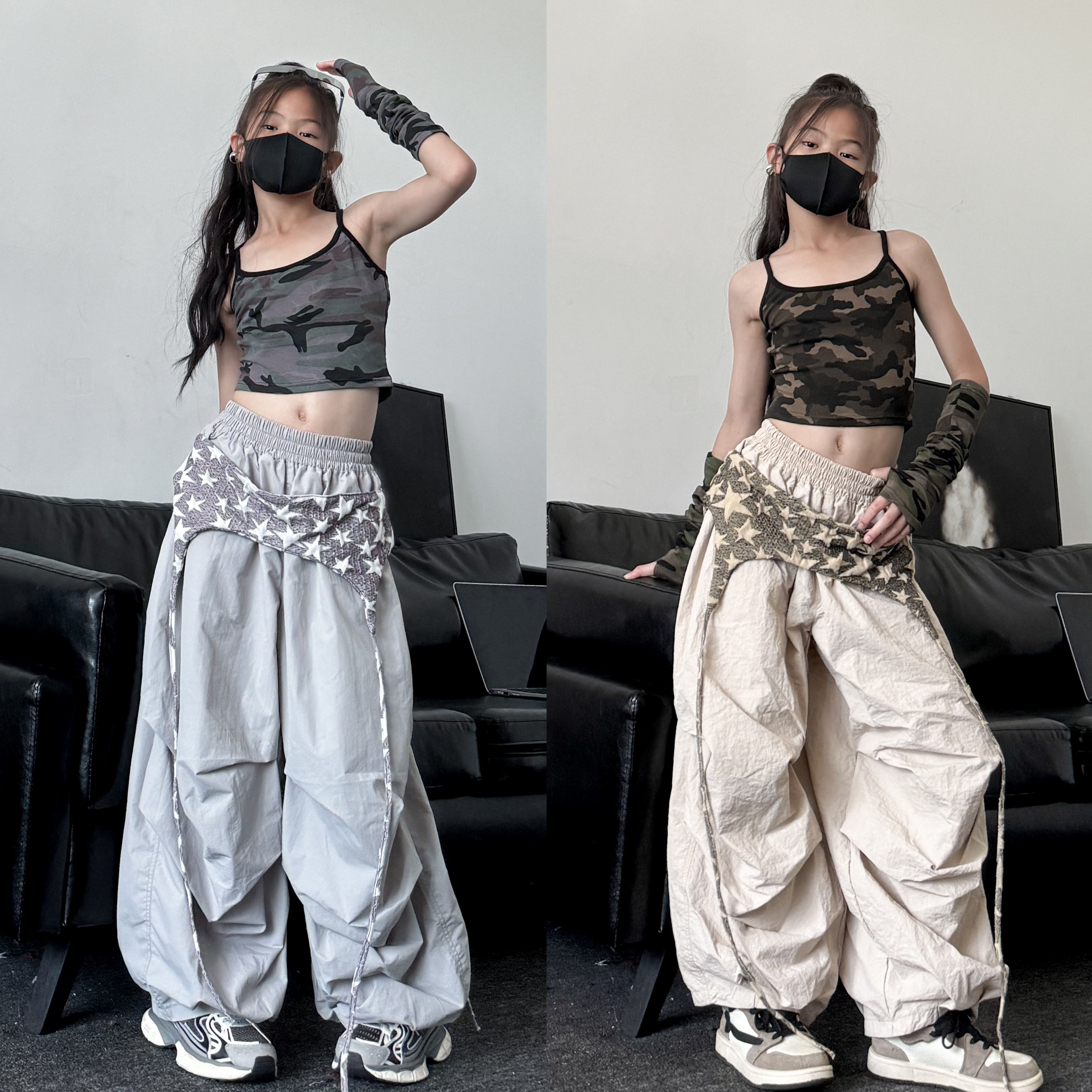 2025新款女童爵士舞套装洋气时髦迷彩吊带阔腿裤两件套少儿街舞服