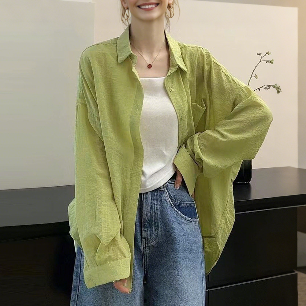 高级感气质纯色翻领防晒衬衫女春秋新款休闲百搭长袖空调开衫上衣