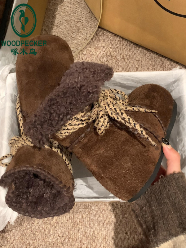 啄木鸟内增高勃肯短靴女复古加绒保暖东北棉鞋冬季新款厚底雪地靴