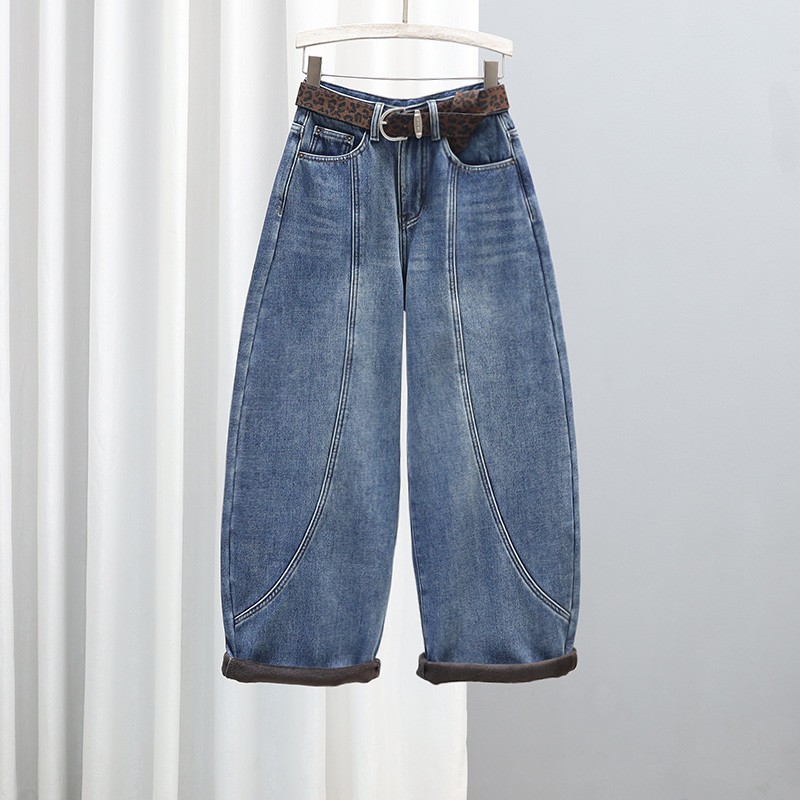 2025冬季加绒宽松显瘦牛仔裤女加厚显瘦百搭垮裤时尚长裤哈伦裤子