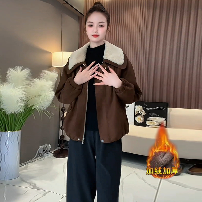 加绒加厚牛皮绒短外套女2025冬季新款韩版时髦百搭保暖夹克上衣潮
