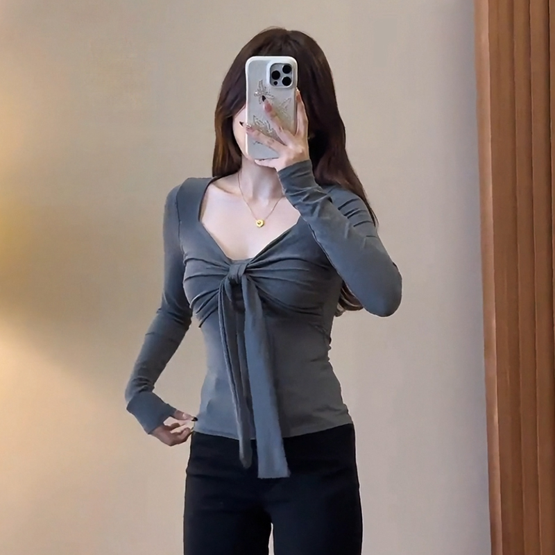 9159大码胖mm蝴蝶结长袖t恤女秋冬纯欲修身显瘦内搭打底衫上衣