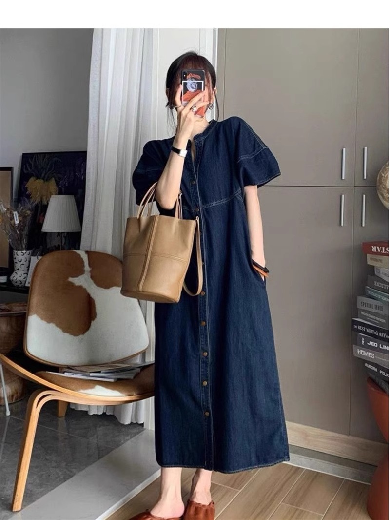 牛仔连衣裙大码裙子V领夏季潮流显瘦短袖夏季复古小个子a字度假风