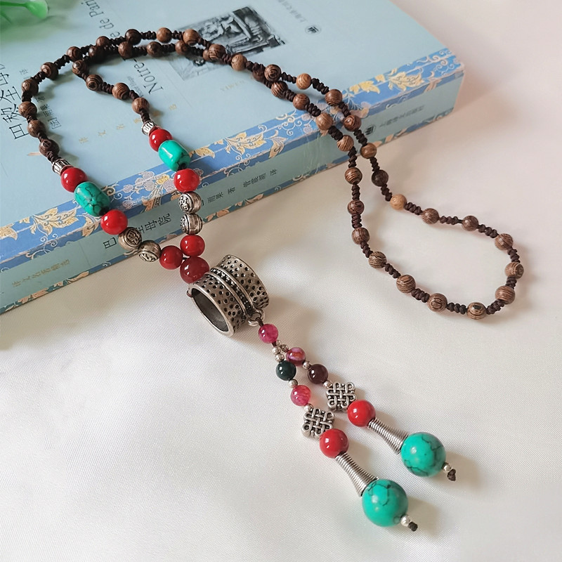 合金木质项链 民族风藏式戒指吊坠复古手工编织棉麻服饰长毛衣链