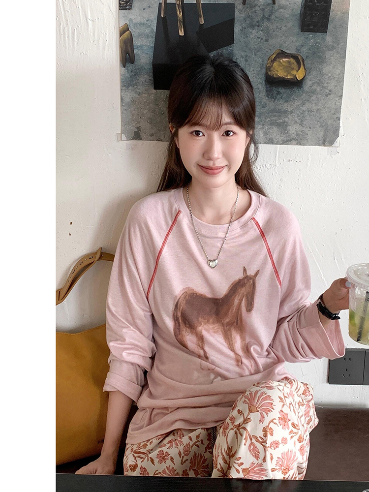 美式波尔小马印花明线插肩长袖t恤女春秋宽松慵懒打底衫内搭上衣