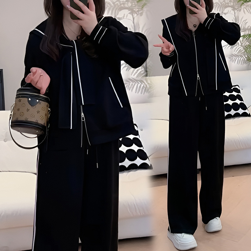 时髦炸街休闲阔腿裤穿搭套装春秋新款黑色线条开衫拉链上衣女装