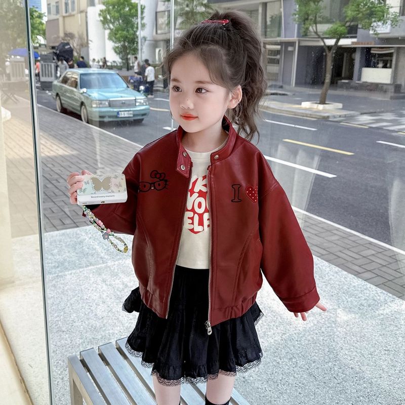 女童皮衣外套春秋款2025新款时尚洋气儿童秋装女宝宝红色夹克上衣