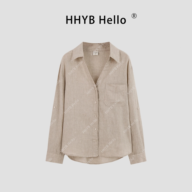 HHYB Hello【2025春季新款】简约百搭V领基础款长袖衬衣原麻衬衫