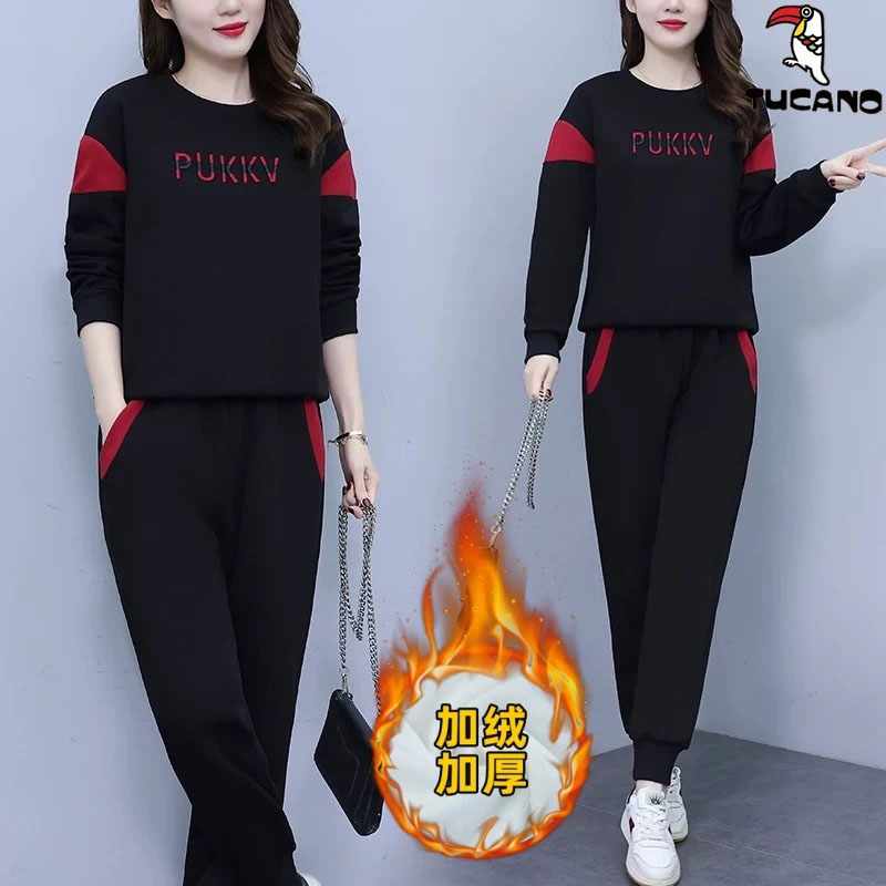 啄木鸟大码长袖高级卫衣运动套装女秋季宽松束脚裤休闲百搭两件套