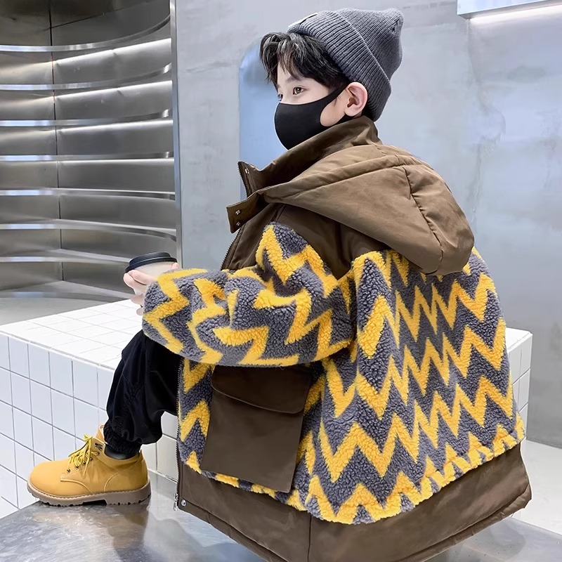男童冬装韩版连帽毛毛衣拼色2025新款儿童加绒加厚外套冬季时髦潮