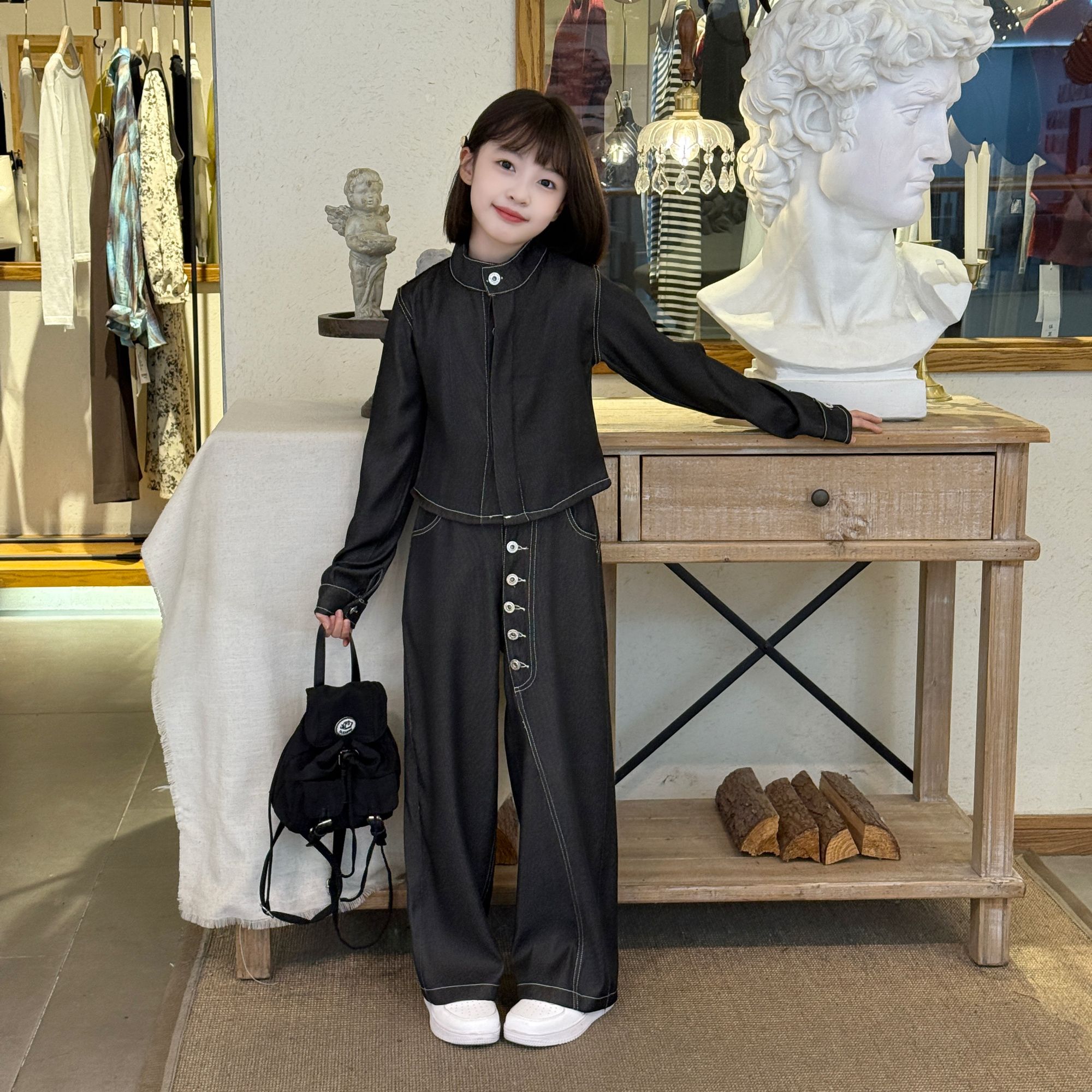 女童设计感原色多纽扣套装2025春秋中大童洋气纯色气质个性两件套