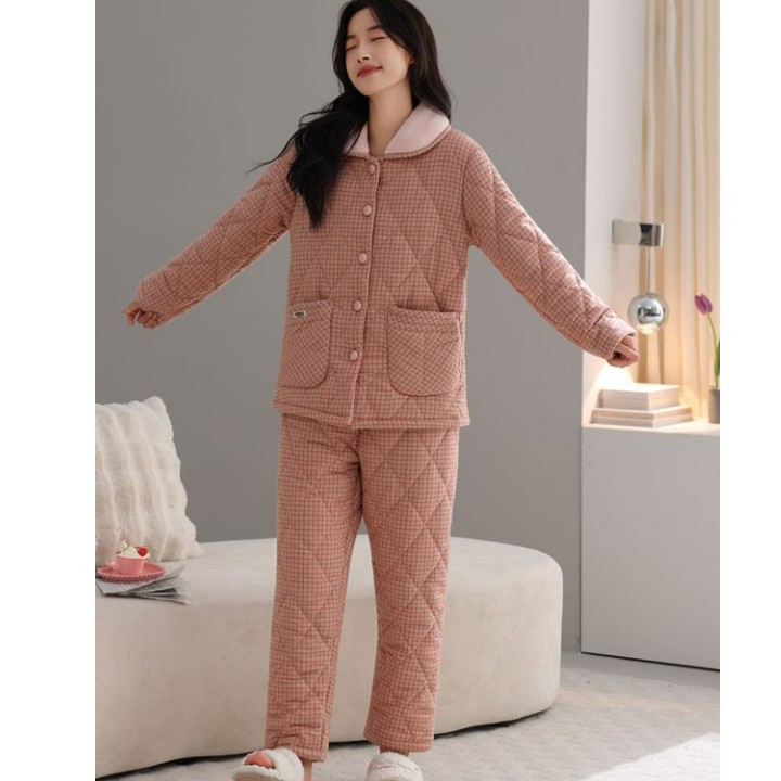 2025年秋冬女士新款高品质梭织纯棉三层夹棉加绒保暖时尚家居服