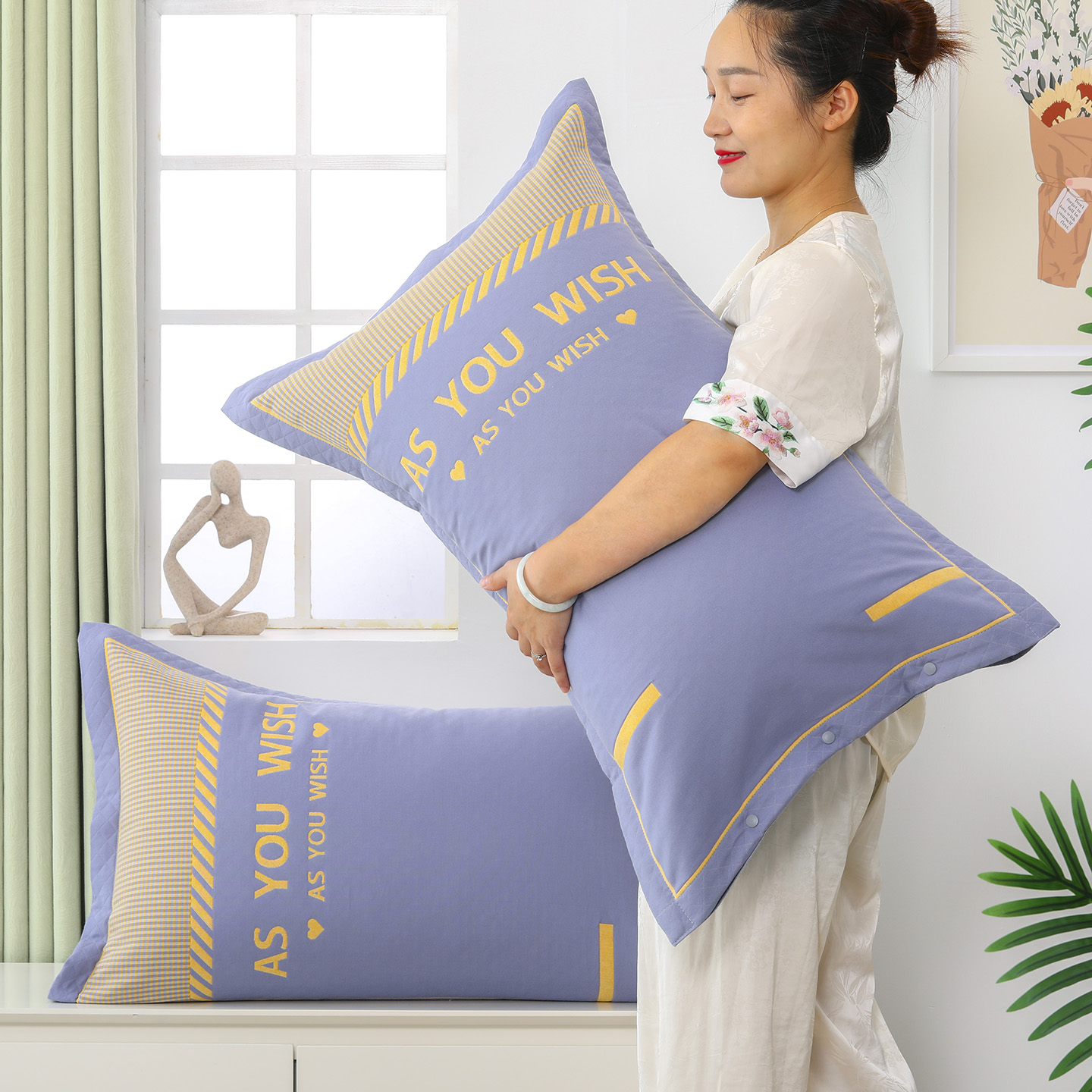 新款按扣款纱布纯棉枕套一对装四季家用枕头套情侣透气吸汗枕芯套