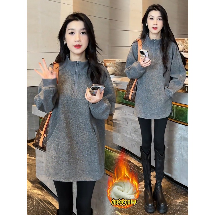 拉夏贝尔小个子宽松型加绒加厚卫衣2025秋季新款中长款打底衫上衣