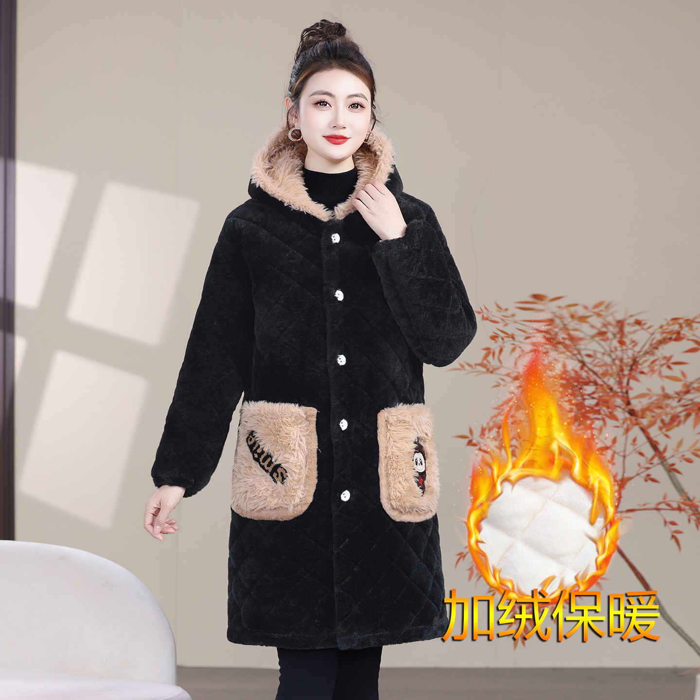 冬季新款女士中长款连帽保暖加绒加厚防寒棉衣外套时尚棉服家居服
