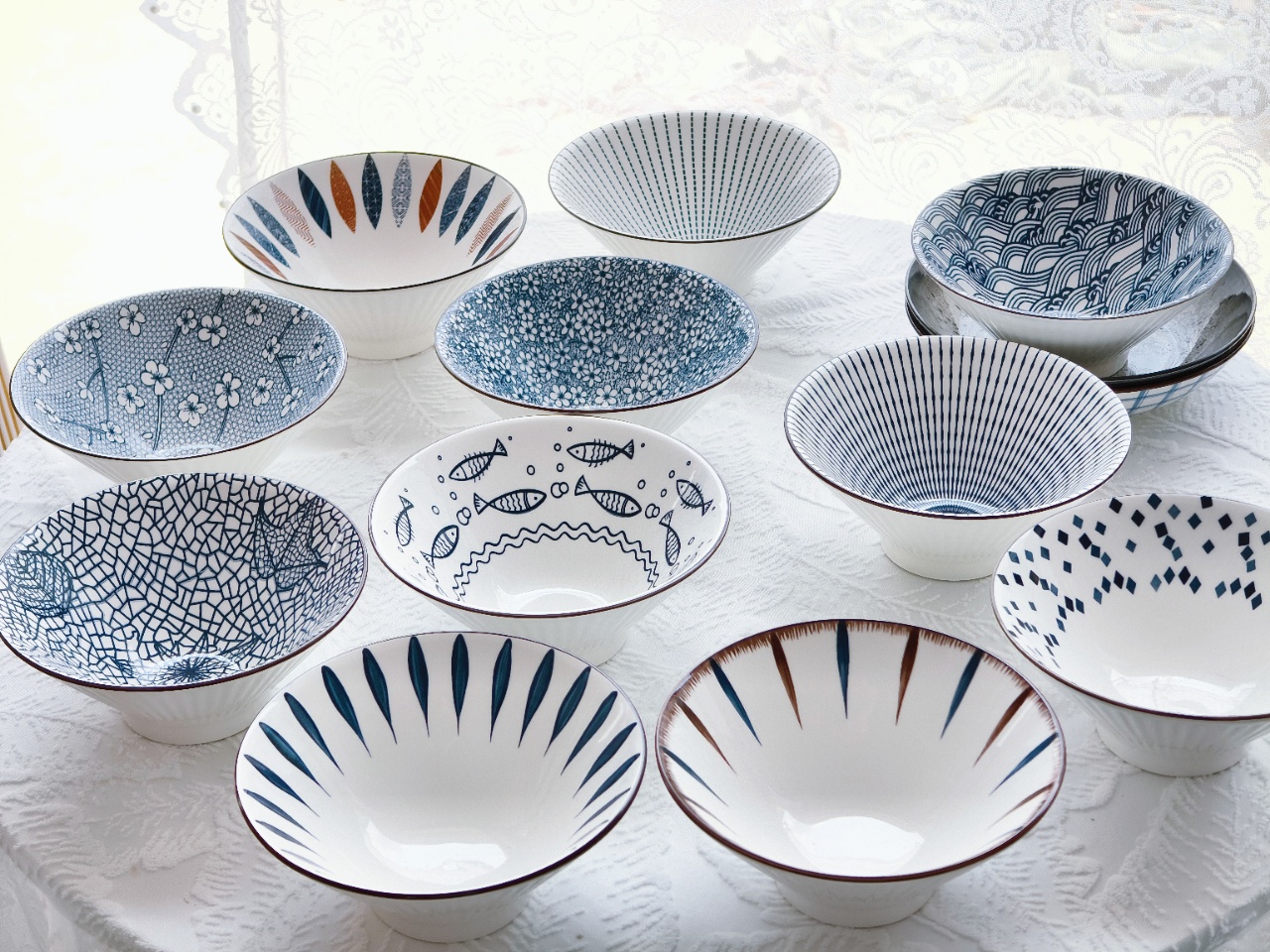 瓷县令7英寸日式斗笠碗碗盘汤碗6只装家用釉下彩沙拉碗陶瓷餐具