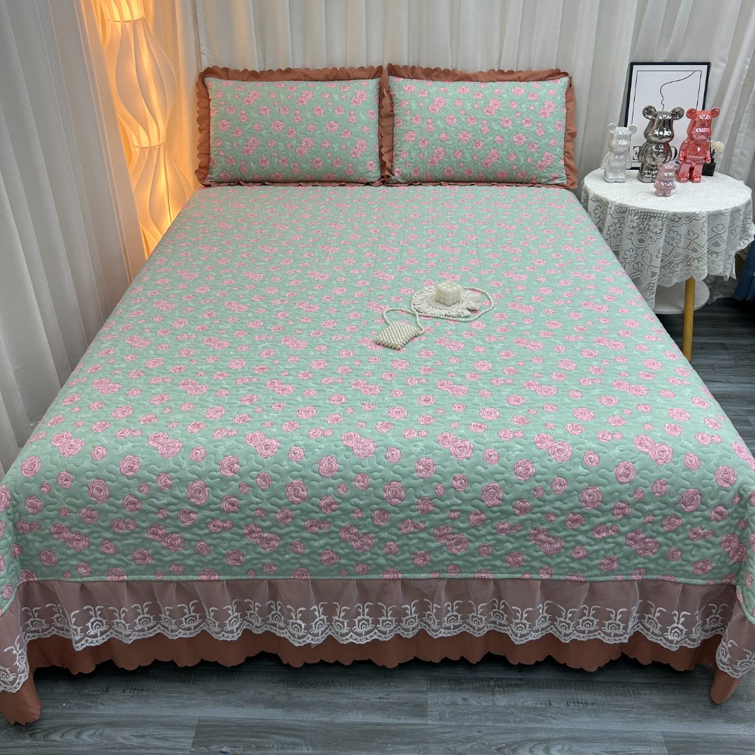 床盖三件套加厚防滑夹棉绗缝亲肤加大韩版公主风双面床单蕾丝花边