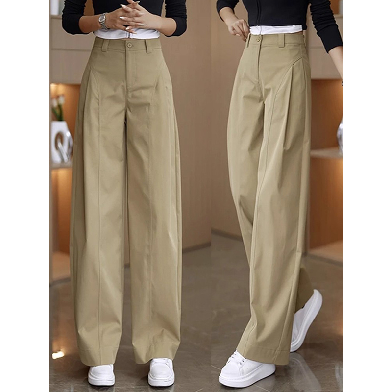 拉夏贝尔高腰宽松阔腿裤女2025年秋季侧压褶风琴裤窄版休闲直筒裤